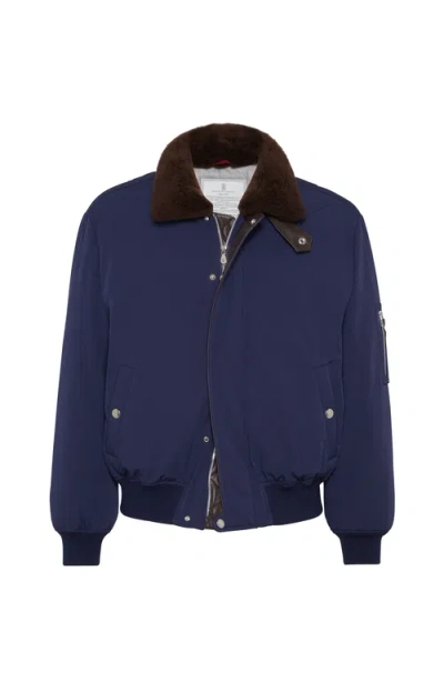 Brunello Cucinelli Down Jacket Nylon Shearling Collar In Blue