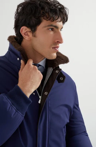 Brunello Cucinelli Down Jacket Nylon Shearling Collar In Blue