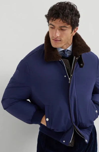 Brunello Cucinelli Down Jacket Nylon Shearling Collar In Blue