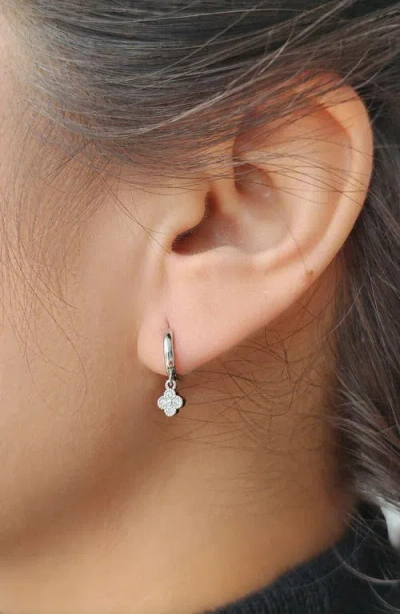Adornia Silver Plated Extra Mini Cz Clover Dangle Huggie Earrings In Metallic