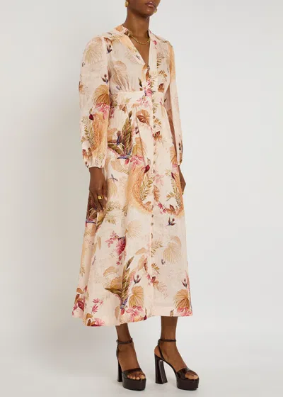 Zimmermann Ascension Linen Plunge Midi Dress In Neutral