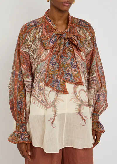 Zimmermann Rhiannon Tie-neck Ramie Shirt In Multi