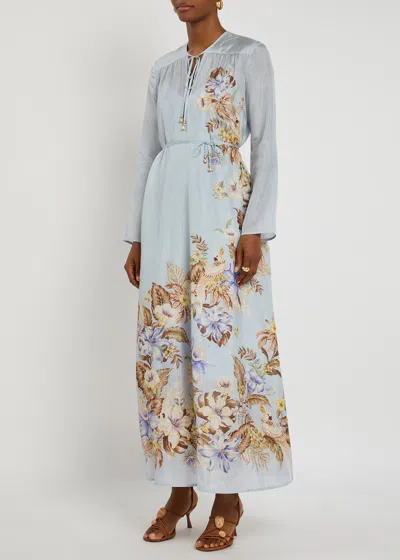 Zimmermann Women Powder Blue Multi Floral Silk Habotai Coco Maxi Dress In Purple