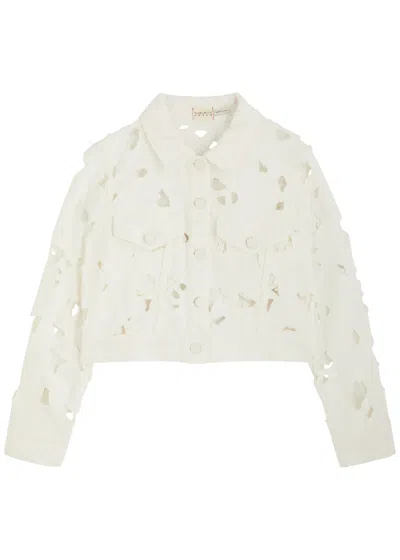 Alice And Olivia Chloe Eyelet-embroidered Denim Jacket In Off White