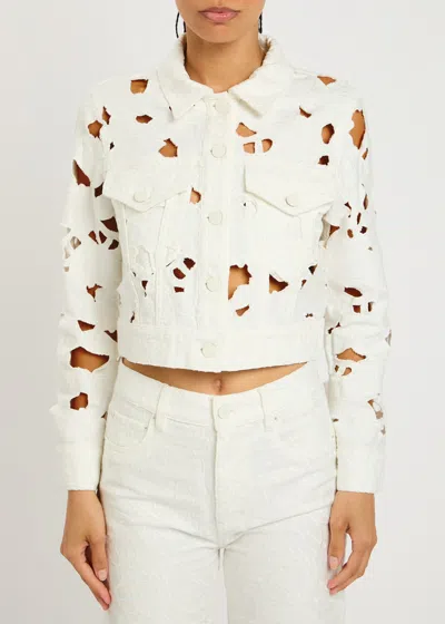 Alice And Olivia Chloe Eyelet-embroidered Denim Jacket In Off White