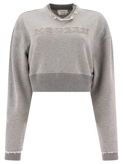 Alexander Mcqueen Cropped Sweatshirt With Mcqueen Logo Sweatshirts Grey