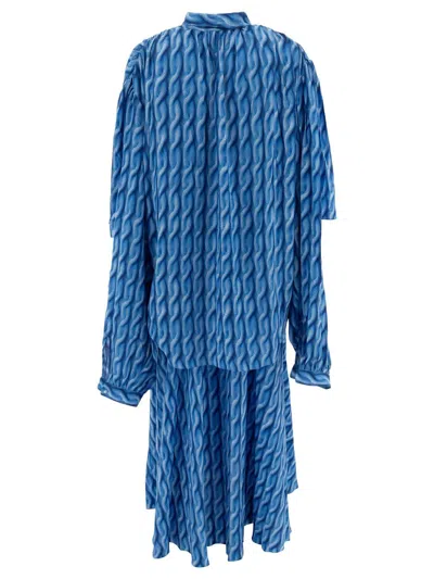 Balenciaga Blue Long Dress With All-over Print And Bow Closure In Fabric Woman