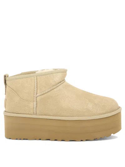 Ugg Classic Ultra Mini Low Heels Ankle Boots In Beige Suede In Neutral