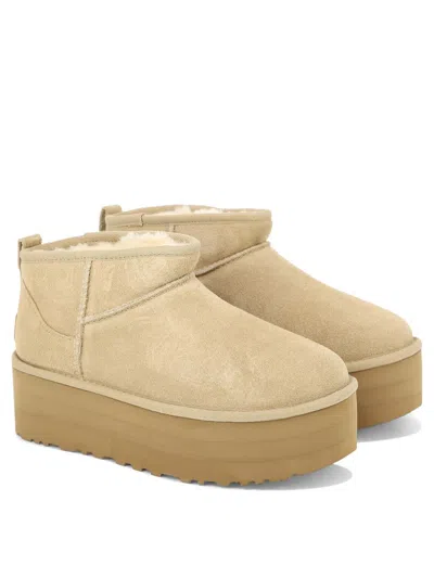 Ugg Classic Ultra Mini Low Heels Ankle Boots In Beige Suede In Neutral