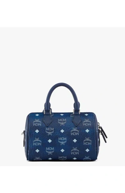 Mcm Small Ella Boston Visetos Monogram Tote Bag In Blue