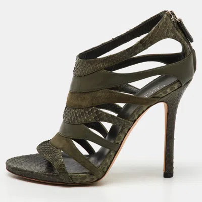 Pre-owned Gucci Olive Green Python Leather And Suede Gladiator Sandals Size 36