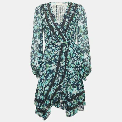 Pre-owned Zimmermann Blue Floral Print Crepe Ruffled Wrap Mini Dress S