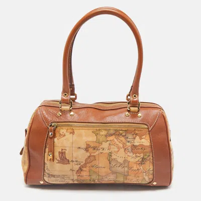Pre-owned Alviero Martini 1a Classe Tan/brown Geo Print Coated Canvas Satchel