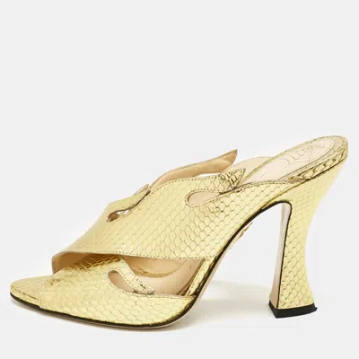 Pre-owned Charlotte Olympia Gold Snakeskin Embossed Patent Leather Cut Out Slide Sandals Size 38