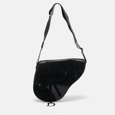 Pre-owned Dior Black Python And Suede Vintage Saddle Bag