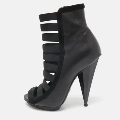 Pre-owned Gucci Black Leather Elastic Olimpia Open Toe Ankle Booties Size 37