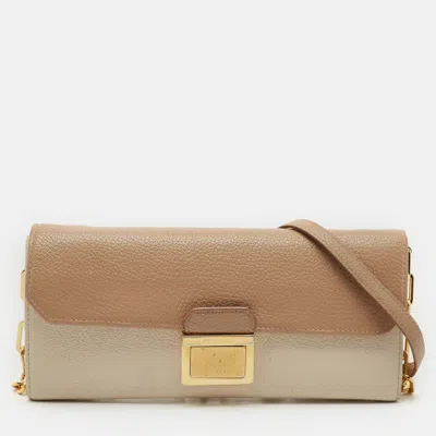 Pre-owned Miu Miu Two Tone Beige Leather Pushlock Flap Wallet On Chain
