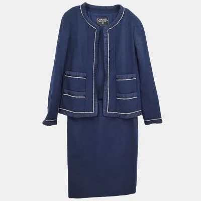 Pre-owned Chanel Navy Wool Collarless Jacket Skirt Suit Size 38