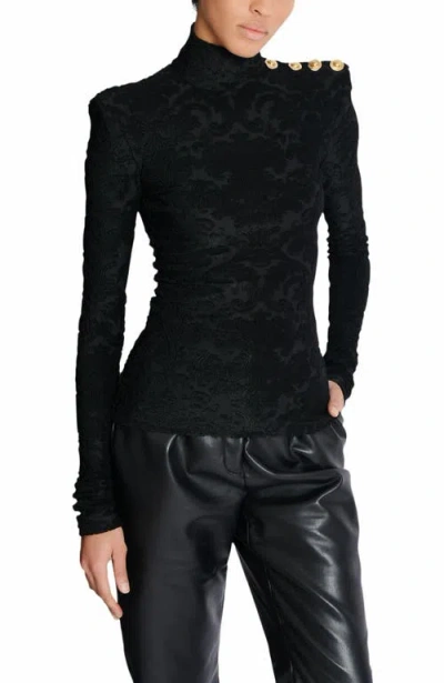 Balmain Buttoned Ls Bouclette Baroque Top In Black