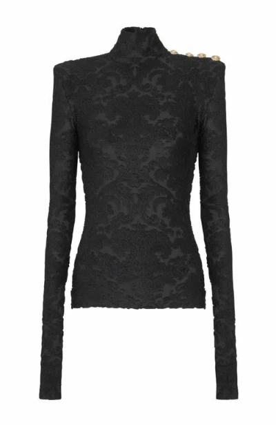 Balmain Buttoned Ls Bouclette Baroque Top In Black