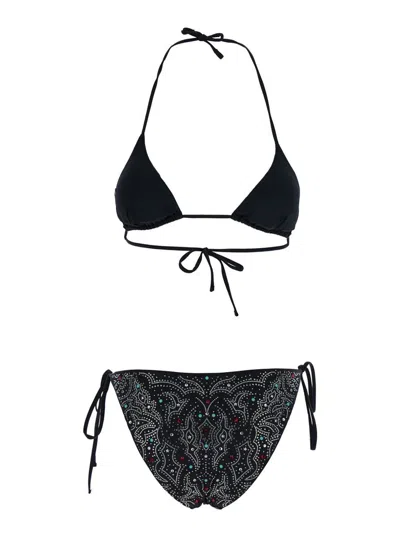 Venuja Black Bikini With Removable Top Cups And All-over Beaded Embellishments In Black