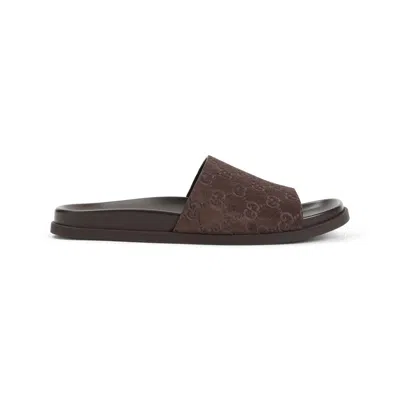 Gucci Brown Suede Open-toe Sandals With Logo Pattern