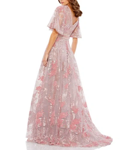 Mac Duggal Embroidered Flounce Sleeve A-line Gown In Pink