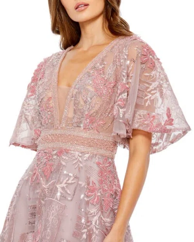 Mac Duggal Embroidered Flounce Sleeve A-line Gown In Pink