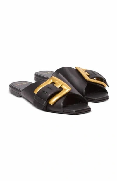 Balmain Anthem Flat Leather Sandals In Black