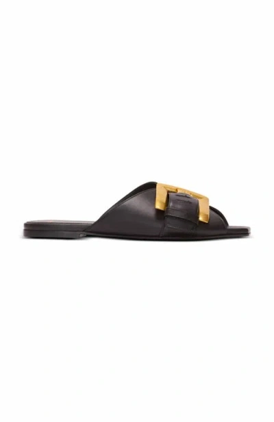 Balmain Anthem Flat Leather Sandals In Black