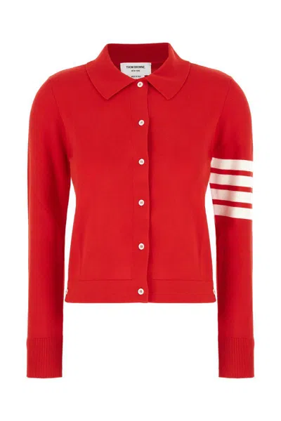 Thom Browne Cotton Polo Shirt With Ribbed Cuffs And Striped Sleeve Detail In Red