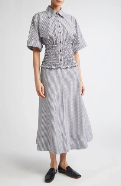 Brandon Maxwell The Harte Stripe Smocked Button-up Shirt In Gray