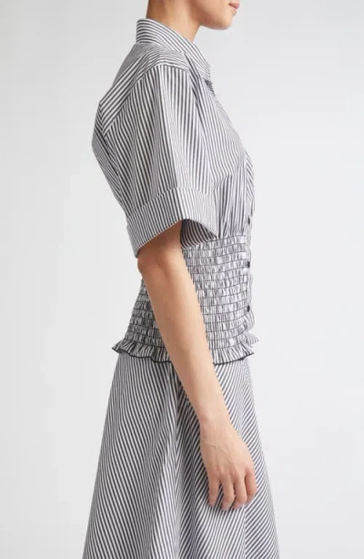 Brandon Maxwell The Harte Stripe Smocked Button-up Shirt In Gray