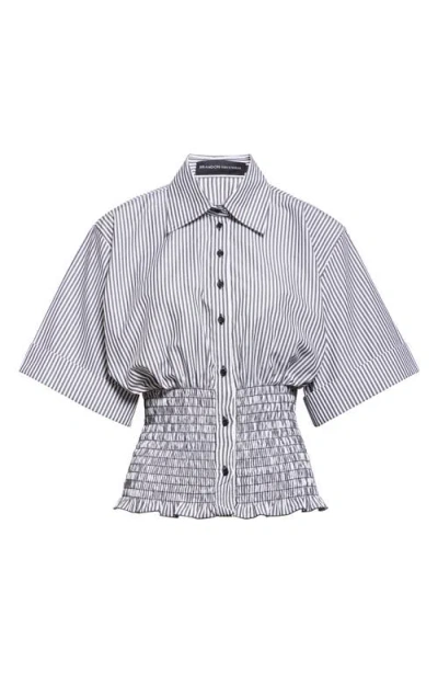 Brandon Maxwell The Harte Stripe Smocked Button-up Shirt In Gray