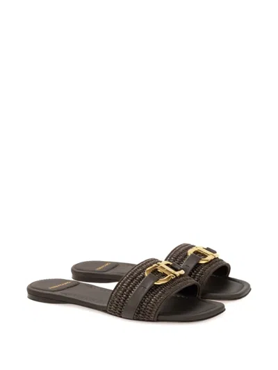 Ferragamo Leah Gancini Bit Raffia Slide Sandals In Brown
