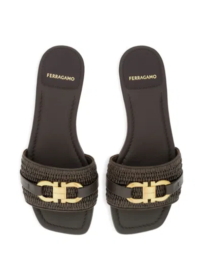 Ferragamo Leah Gancini Bit Raffia Slide Sandals In Brown