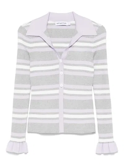 Self-portrait Grey Cardigan With Spread Collar And All-over Striped Motif In Viscose Blend Woman In Multi
