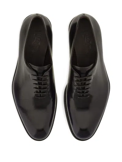 Ferragamo Almond Toe Brogues With Double Leather Sole In Black
