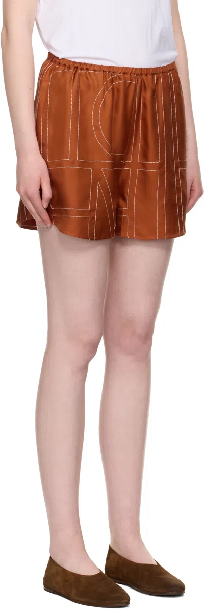 Totême Womens Terracotta Embroidered Monogram Embroidered Silk Pyjama Shorts In Brown