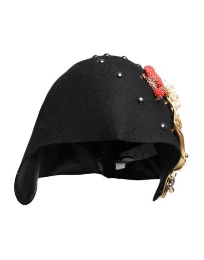 Dolce & Gabbana Black Wool Multicolor Embellished Cloche Hat In Black