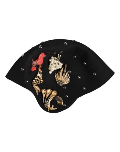 Dolce & Gabbana Black Wool Multicolor Embellished Cloche Hat In Black