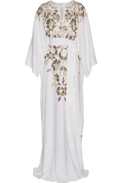Oscar De La Renta Metallic Appliquéd Silk Crepe De Chine Gown In White