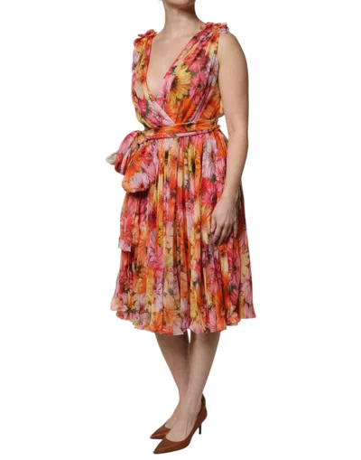 Dolce & Gabbana Multicolor Floral Sleeveless V-neck Midi Dress