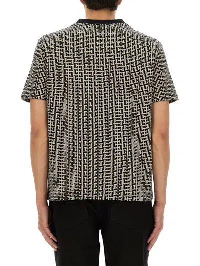 Balmain Grey T-shirt With Logo Applied On The Chest And All-over Labyrinth Motif In Cotton Man