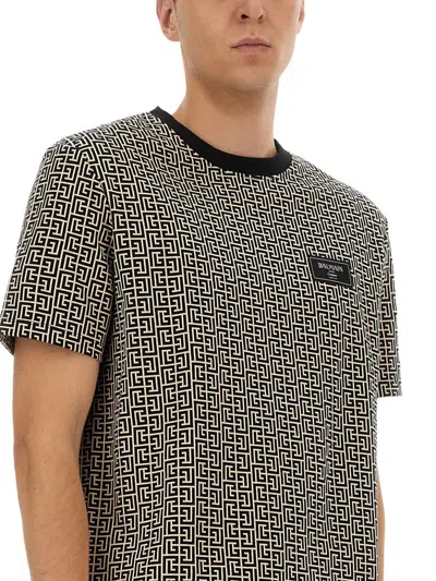 Balmain Grey T-shirt With Logo Applied On The Chest And All-over Labyrinth Motif In Cotton Man