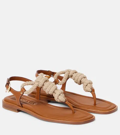 Prada Leather And Cord Thong Sandals In Brown
