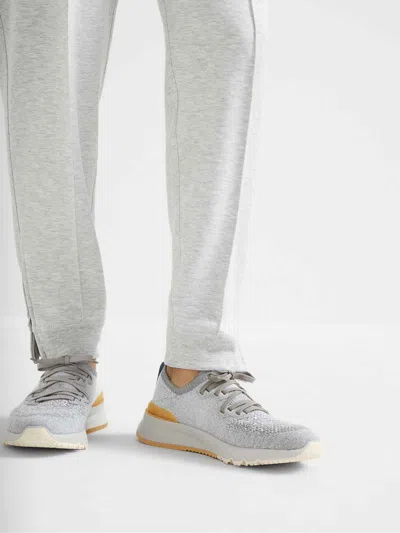 Brunello Cucinelli Cotton Sneakers In Ivory With Front Lace-up Fastening In Gray