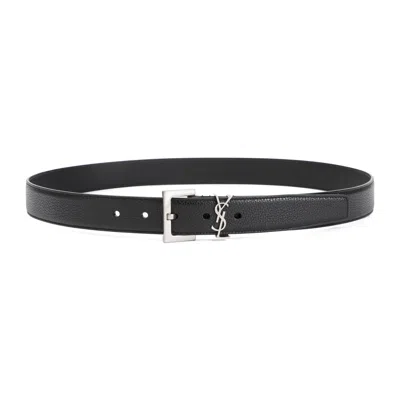 Saint Laurent Cassandre Buckle Grained Leather Belt In Black