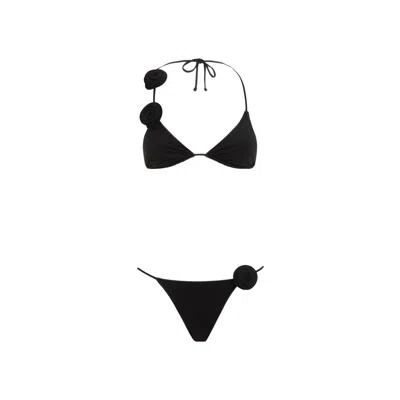 La Reveche Triangle Design Bikini With Handmade Floral Embellishments In Black