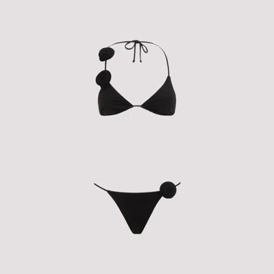 La Reveche Triangle Design Bikini With Handmade Floral Embellishments In Black